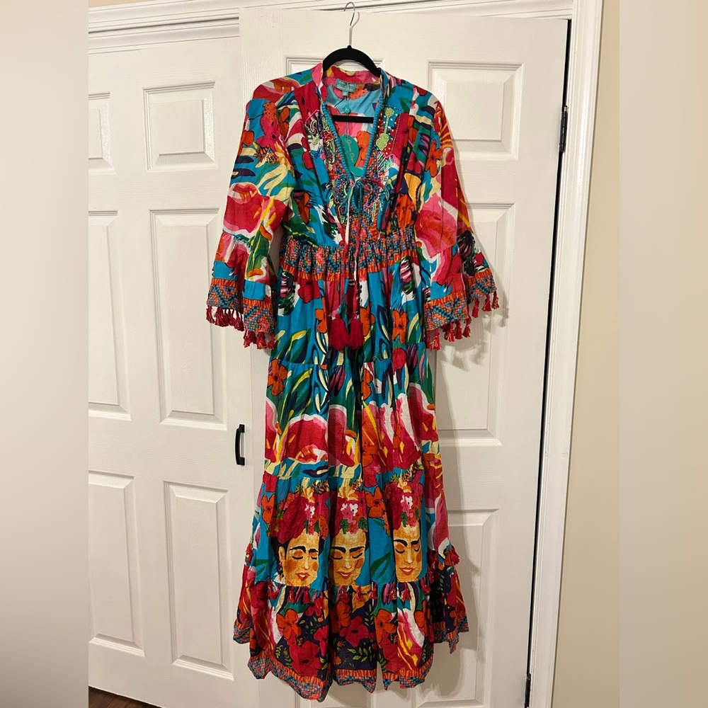Bohemian Floral Maxi Dress with Red and Blue Accents